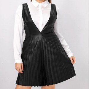 Plus Pleated PU Leather Overall Dress